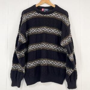 VTG CHAPS Ralph Lauren Chunky Crewneck Sweater Preppy USA Size Large Black Brown